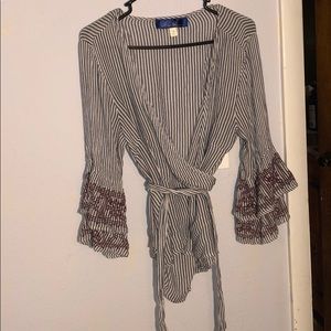 striped tie around blouse